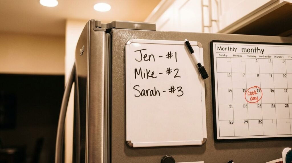 whiteboard on fridge showing roommate names and assigned shelves