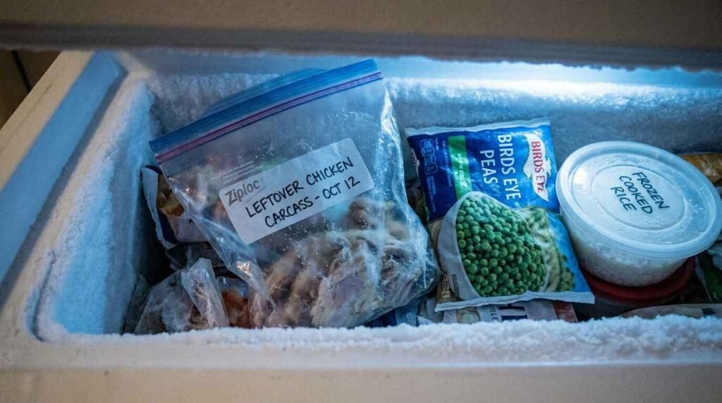 chicken carcass saved in a freezer bag for homemade stock