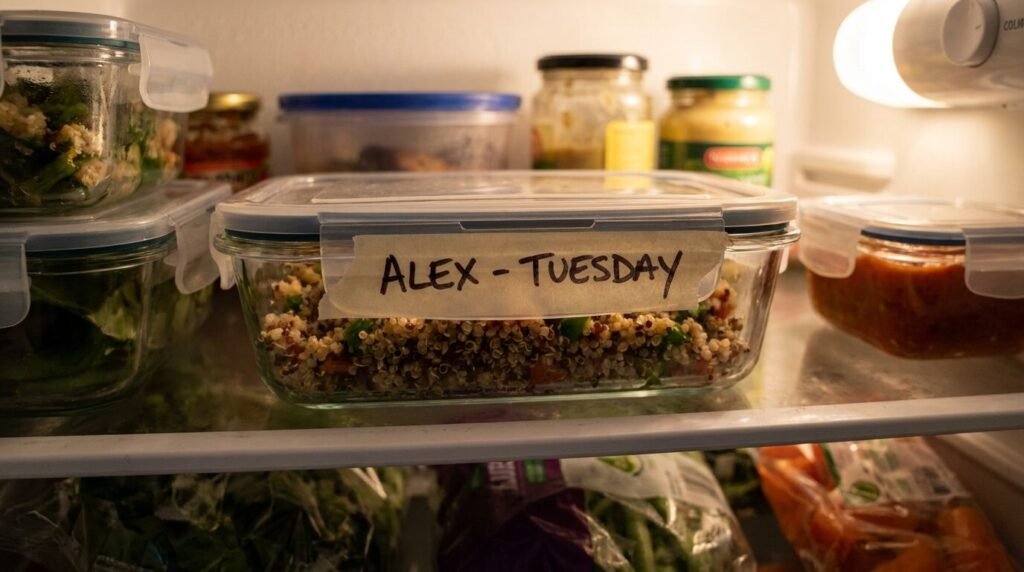 meal prep container labeled with masking tape and Sharpie in a shared fridge