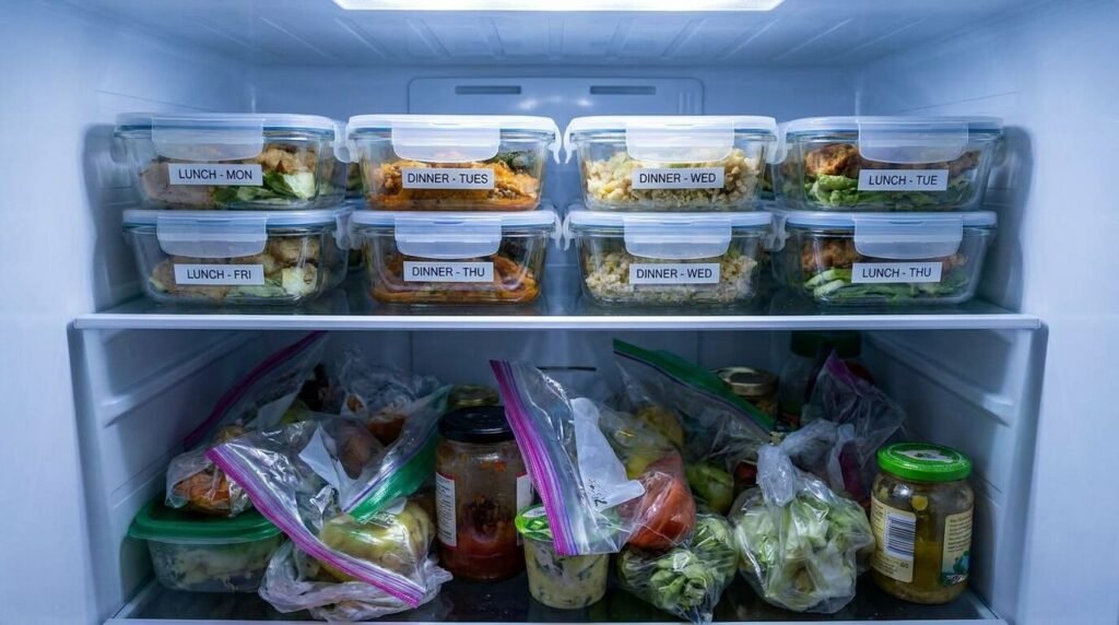 stackable glass containers organized on one assigned fridge shelf