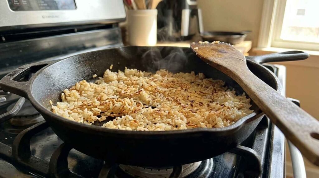 rice searing in a hot cast iron skillet to get crispy toasted bits