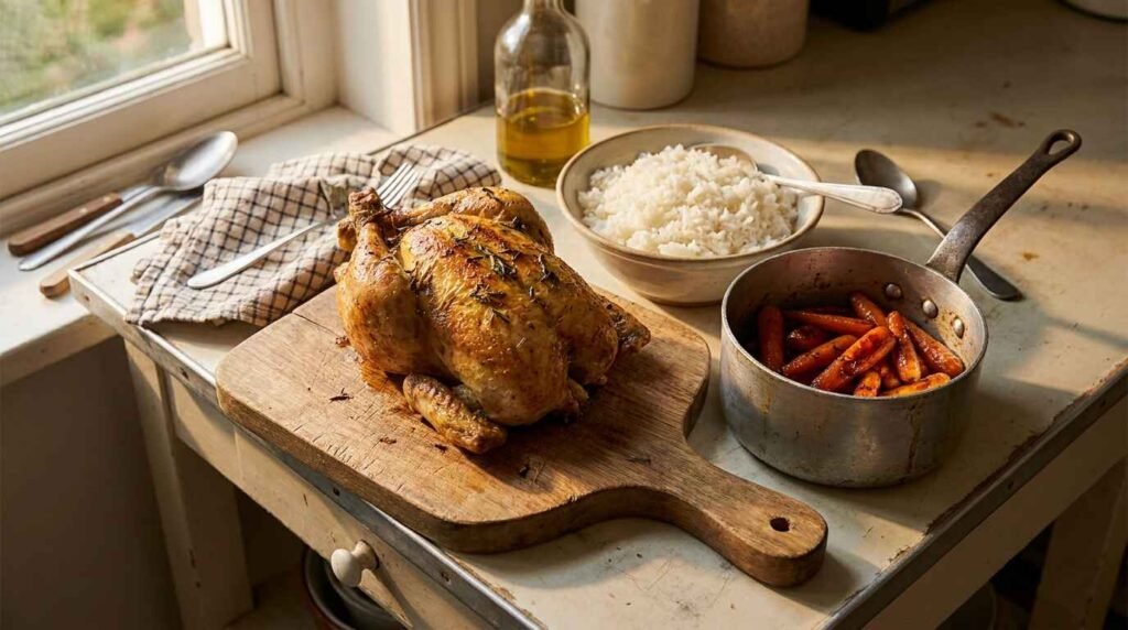 roasted chicken with rice and carrots for a budget family dinner