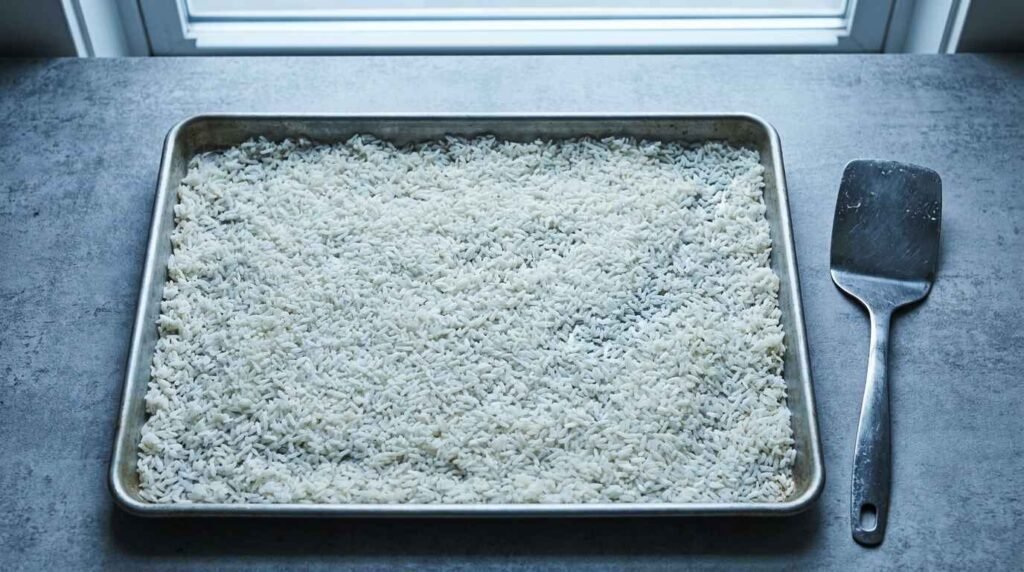 cooked rice spread thin on a sheet pan to dry before making fried rice
